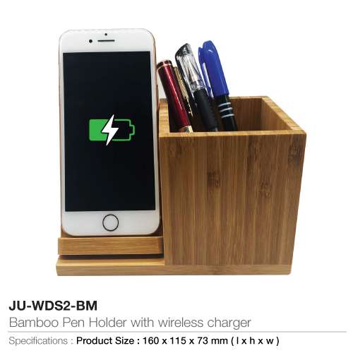 Bamboo Pen Holder with Wireless Charger - Display Product with Phone and Pens
