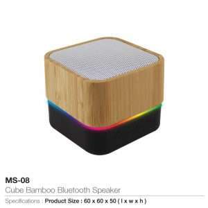 Cube Bamboo Bluetooth Speaker - Product view with light feature
