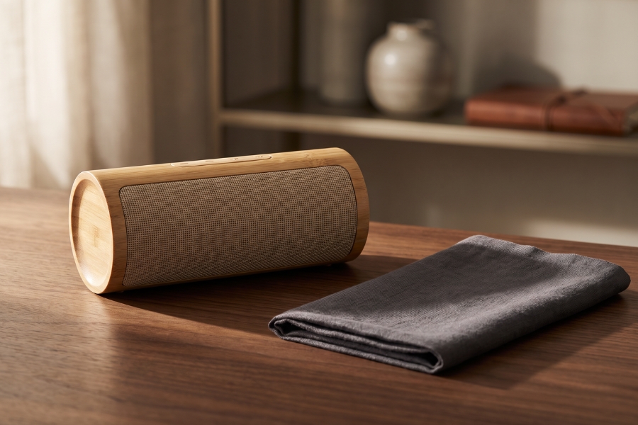 Bamboo Bluetooth speaker on a stylish surface as an example of original corporate branding