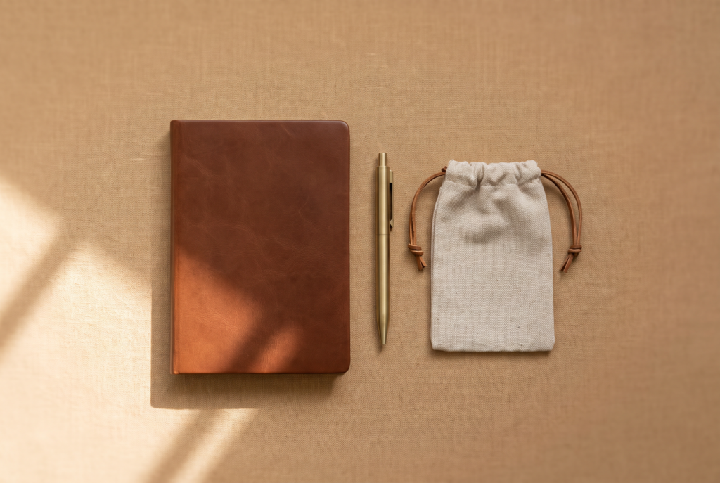 Flat lay of premium corporate gifts including a leather notebook, pen and eco-friendly pouch