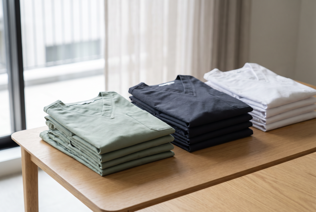 Elevated eco-friendly hospital and clinic staff uniforms in soft neutral tones