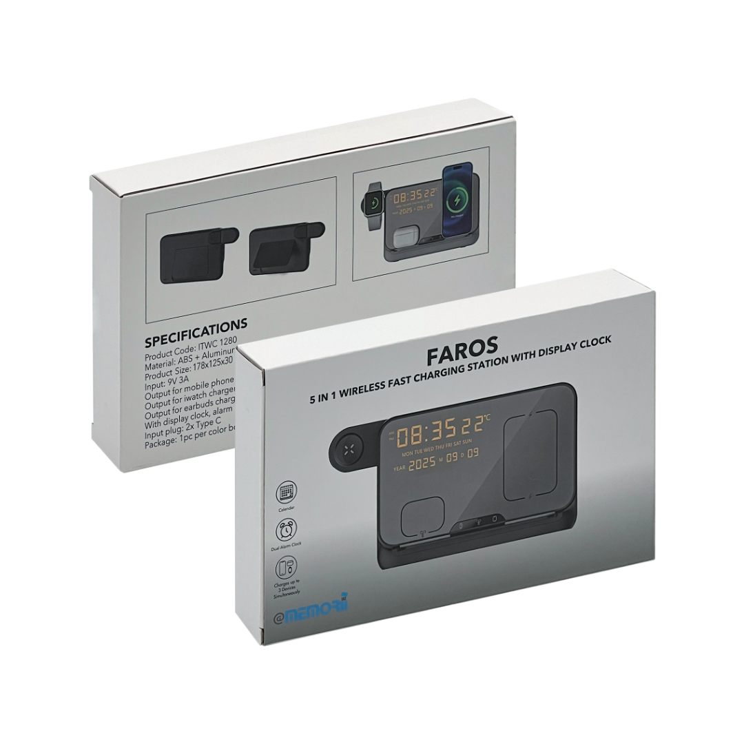 FAROS - @memorii 5 in 1 Wireless Fast Charging Station with Display Clock - Black - Chargers & Mobile & Phone Accessories & Mouse pads - Eco-Friendly Corporate Gifts Dubai