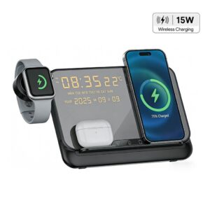 FAROS - @memorii 5 in 1 Wireless Fast Charging Station with Display Clock - Black - Chargers & Mobile & Phone Accessories & Mouse pads - Eco-Friendly Corporate Gifts Dubai
