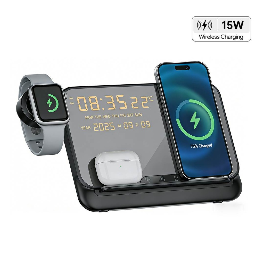 FAROS - @memorii 5 in 1 Wireless Fast Charging Station with Display Clock - Black - Chargers & Mobile & Phone Accessories & Mouse pads - Eco-Friendly Corporate Gifts Dubai