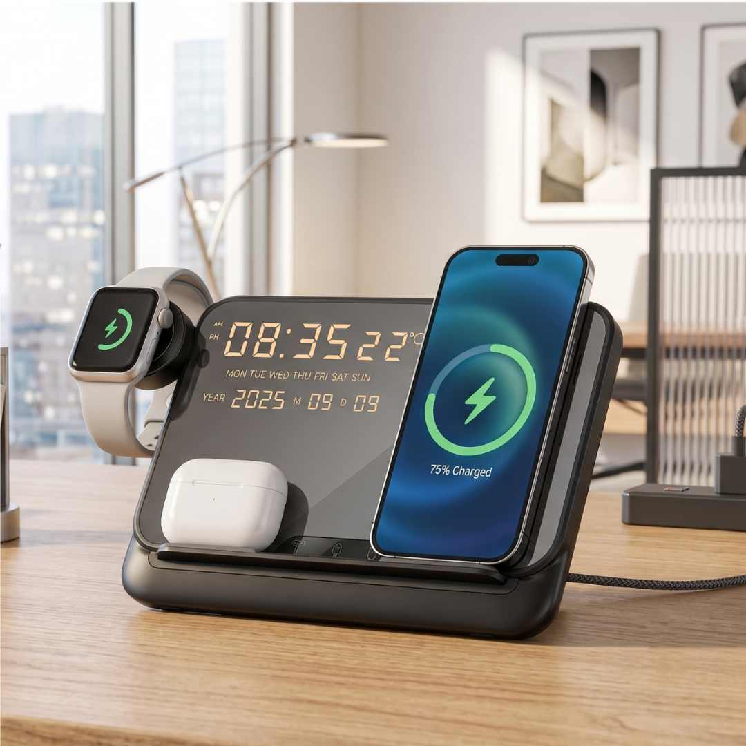 FAROS - @memorii 5 in 1 Wireless Fast Charging Station with Display Clock - Black - Chargers & Mobile & Phone Accessories & Mouse pads - Eco-Friendly Corporate Gifts Dubai