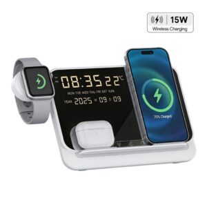 FAROS - @memorii 5 in 1 Wireless Fast Charging Station with Display Clock - White - Chargers & Mobile & Phone Accessories & Mouse pads - Eco-Friendly Corporate Gifts Dubai