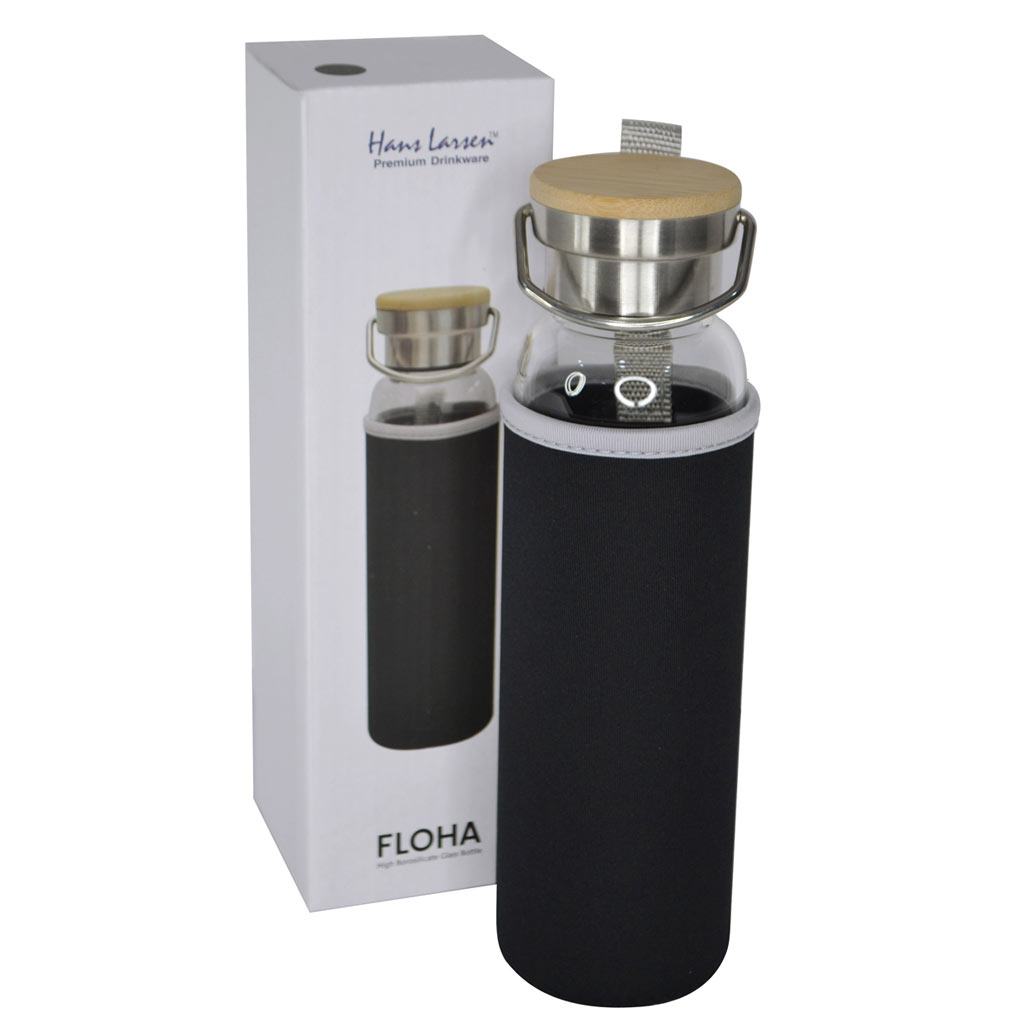 FLOHA - Hans Larsen Borosilicate Glass Bottle with Neo Sleeve - Black - Flasks & Bottles - Eco-Friendly Corporate Gifts Dubai
