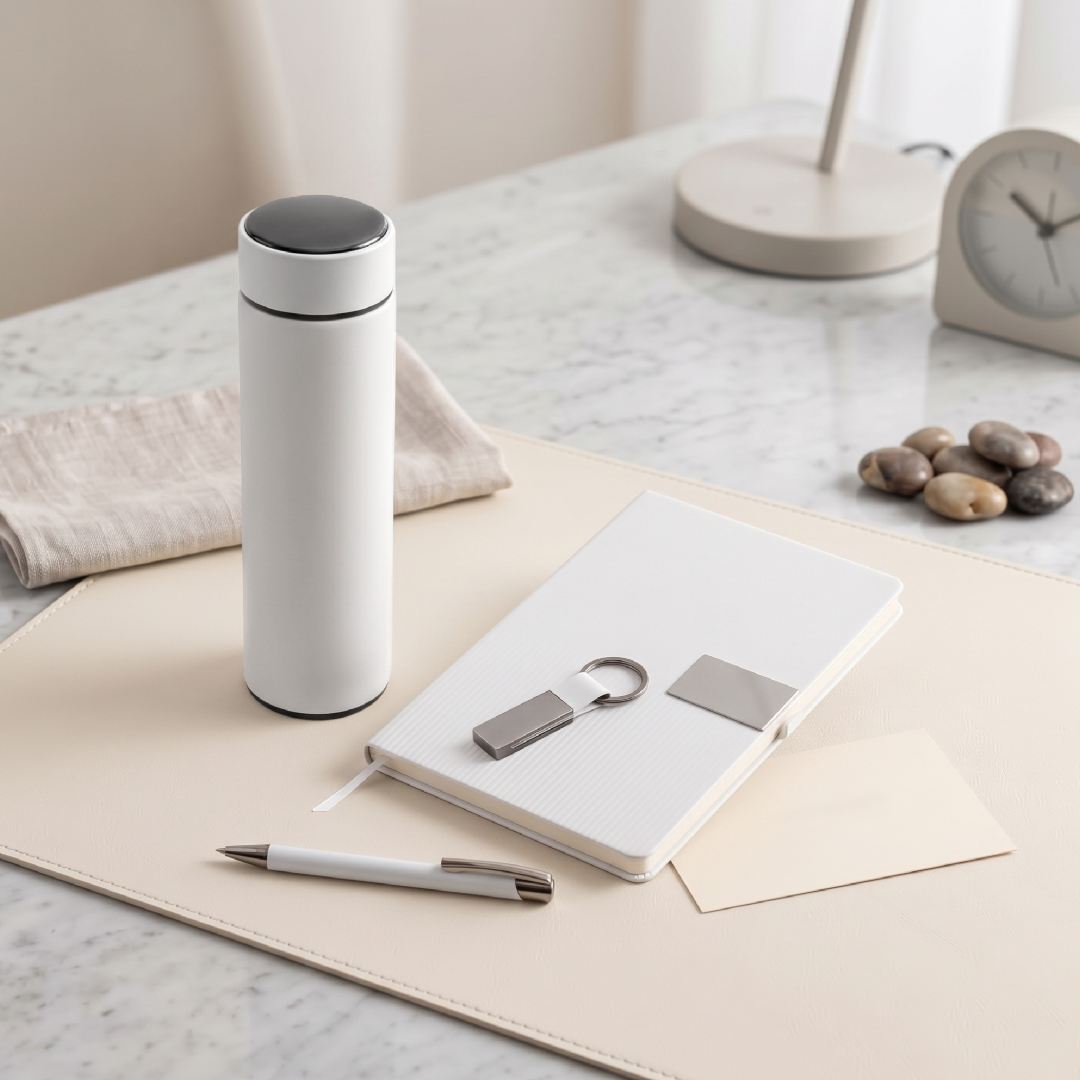 ORION SET - Giftology Set of Temperature Flask, Notebook, Pen and Keychain - White - Gift Sets - Eco-Friendly Corporate Gifts Dubai