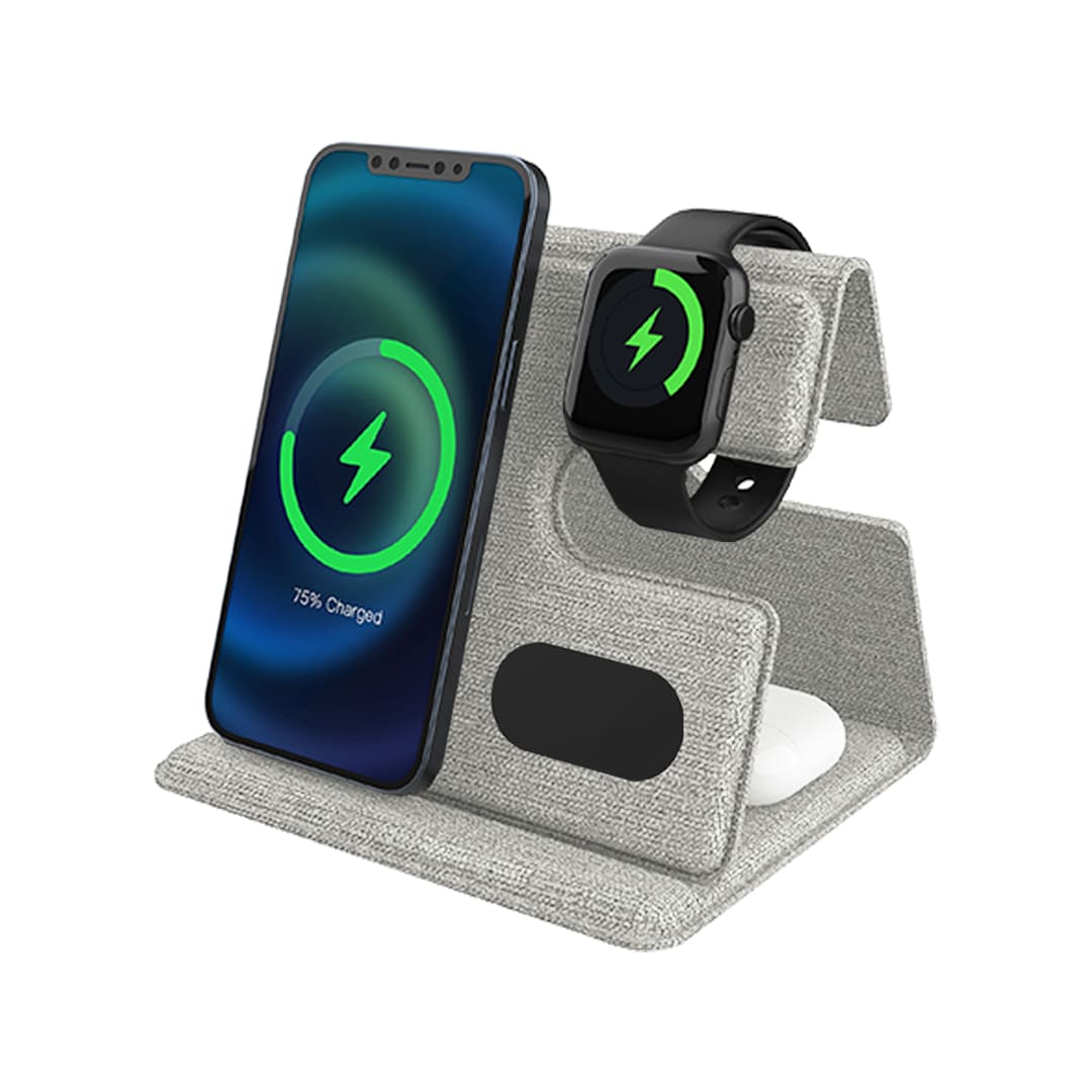 PLANA - CHANGE ZERO Recycled 3-in-1 Wireless Charger Station - Grey - Stationery & Desk Items - Eco-Friendly Corporate Gifts Dubai