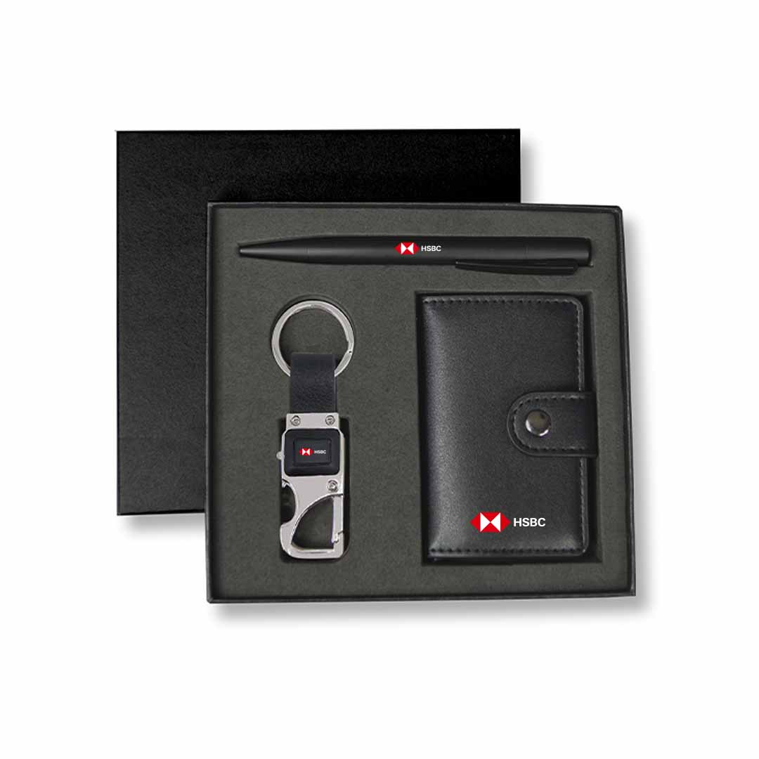 REINE - Set of RFID Card Holder, Key Chain and Pen - Black - Card Holders & Wallets & Key Holders & Gift Sets - Eco-Friendly Corporate Gifts Dubai