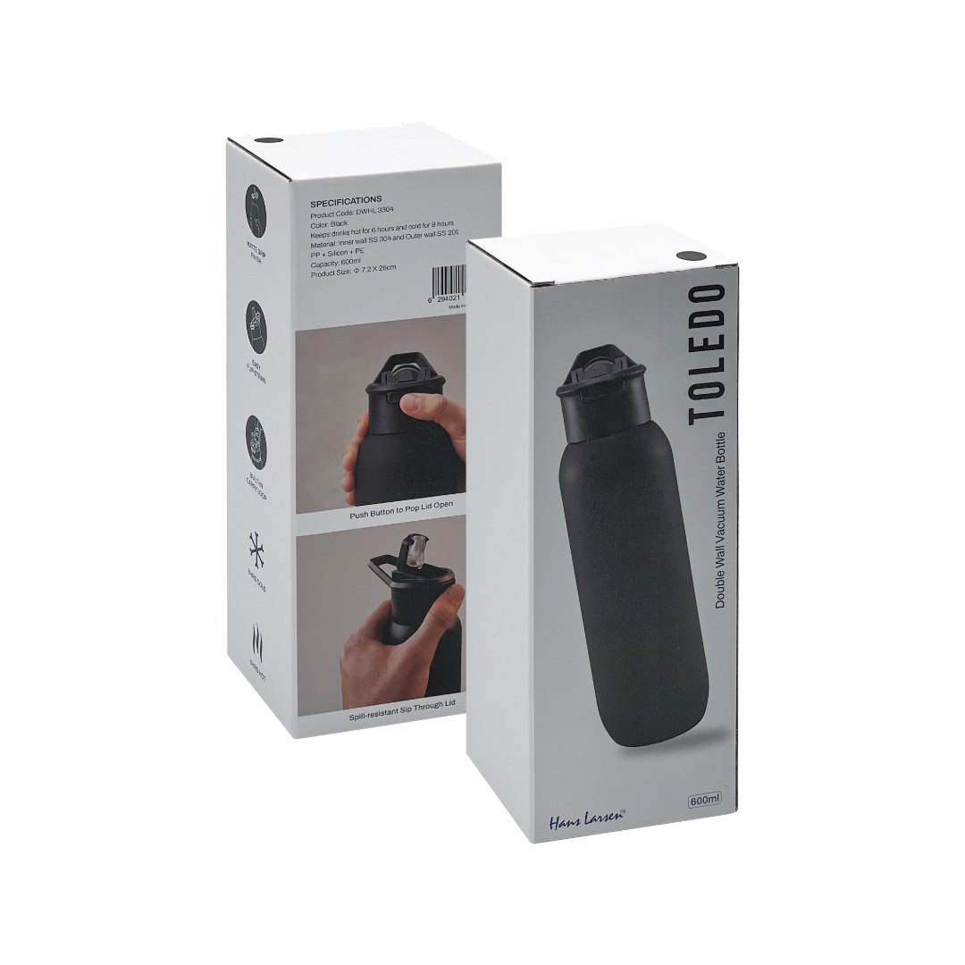 TOLEDO - Hans Larsen Double Wall Bottle with Straw 600 ml - Black - Flasks & Bottles - Eco-Friendly Corporate Gifts Dubai