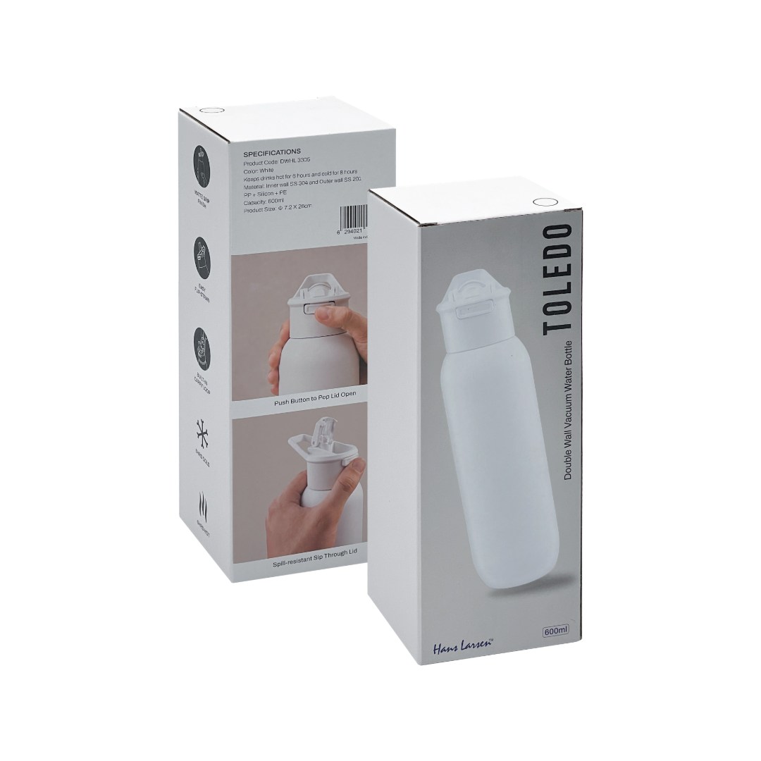 TOLEDO - Hans Larsen Double Wall Bottle with Straw 600 ml - White - Flasks & Bottles - Eco-Friendly Corporate Gifts Dubai